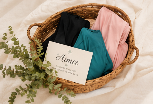 Aimee garments arranged in a woven basket with a brand card