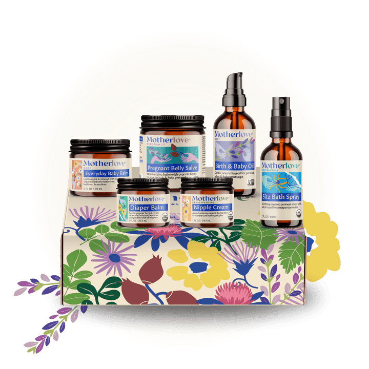 Motherlove Herbal Company Bump to Baby gift box with baby care products and herbal remedies in a decorative box.