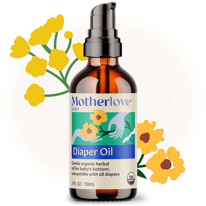 Baby diaper oil from Motherlove Herbal Company, with natural ingredients in a bottle, suitable for soothing and protecting baby's skin.