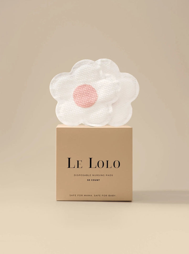 Le Lolo disposable nursing pads shown in a pack, soft absorbent material designed for breastfeeding moms.