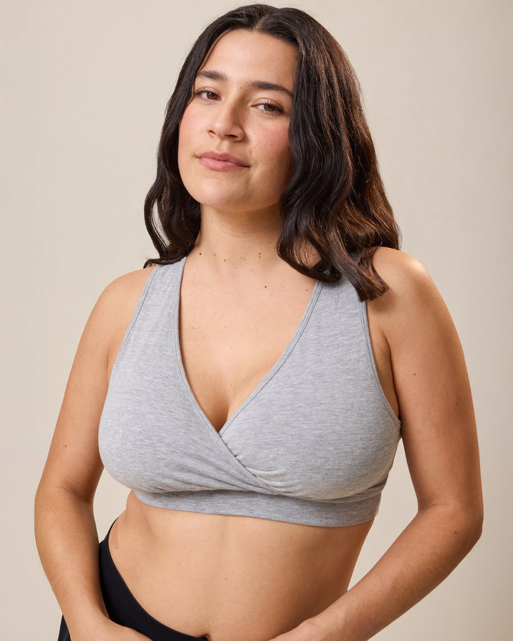 Grey Heather French Terry Racerback Nursing and Sleep Bra by Kindred Bravely, featuring soft, comfortable fabric and supportive design.