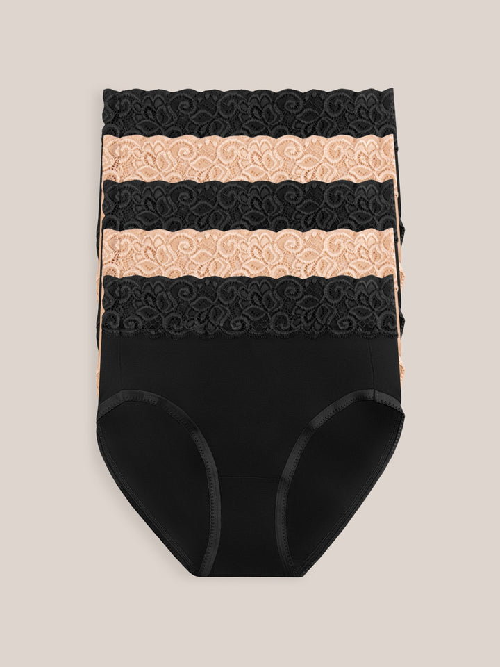 Set of high-waisted postpartum underwear by Kindred Bravely in assorted neutral colors, showcasing soft, comfortable fabric and fit.