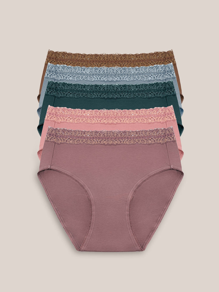 Set of high-waisted postpartum underwear in dusty hues from Kindred Bravely, shown in a pack with soft, comfortable fabric.