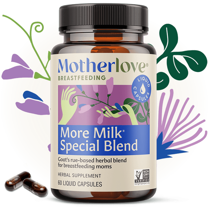 Motherlove More Milk Special Blend Liquid Capsules for breastfeeding support, with herbal supplement in a clear bottle