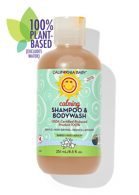 Aimee Nursing Gowns California Baby Calming Shampoo and Baby Wash bottle with label, gentle baby shampoo and wash for sensitive skin.