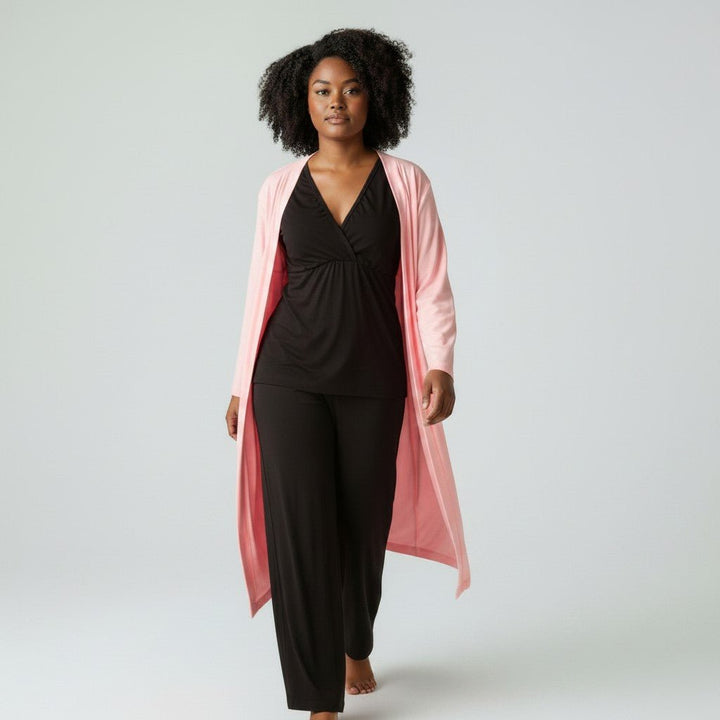 Aimee Nursing Pajamas set featuring soft, comfortable fabric, with a relaxed fit and button-up top for easy nursing access.