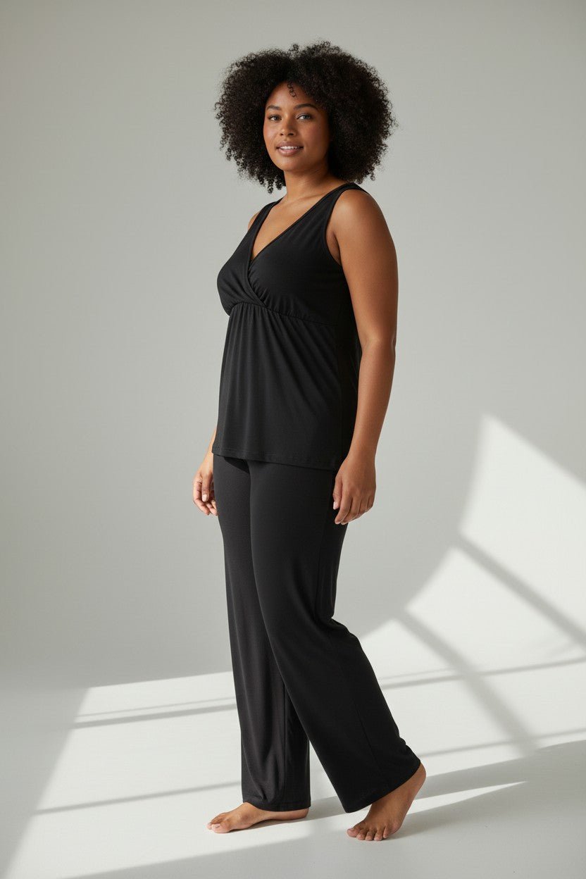 Aimee Nursing Pajamas set with soft, comfortable fabric, featuring a button-down top and matching pants for nursing moms.