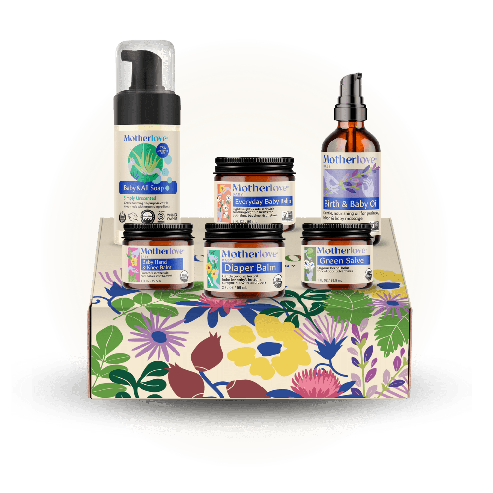 Baby care gift box from Motherlove Herbal Company featuring natural baby skincare products and essentials.