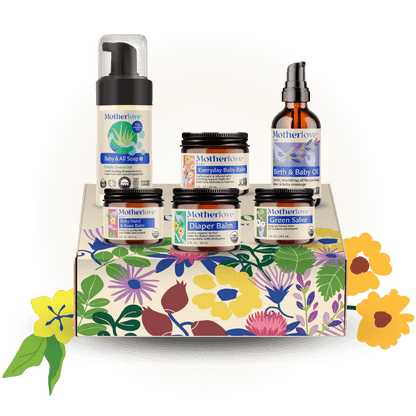 Motherlove Herbal Company baby care gift box with herbal products, baby lotion, and soothing items for gentle infant care