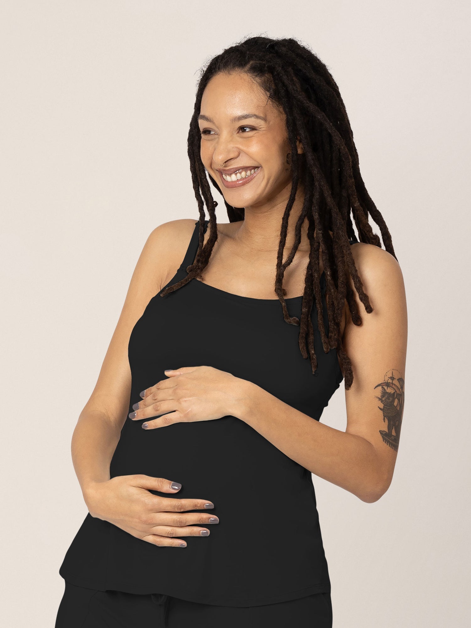 Black bamboo lounge around nursing tank top by Kindred Bravely with adjustable straps and comfortable fit for nursing moms.