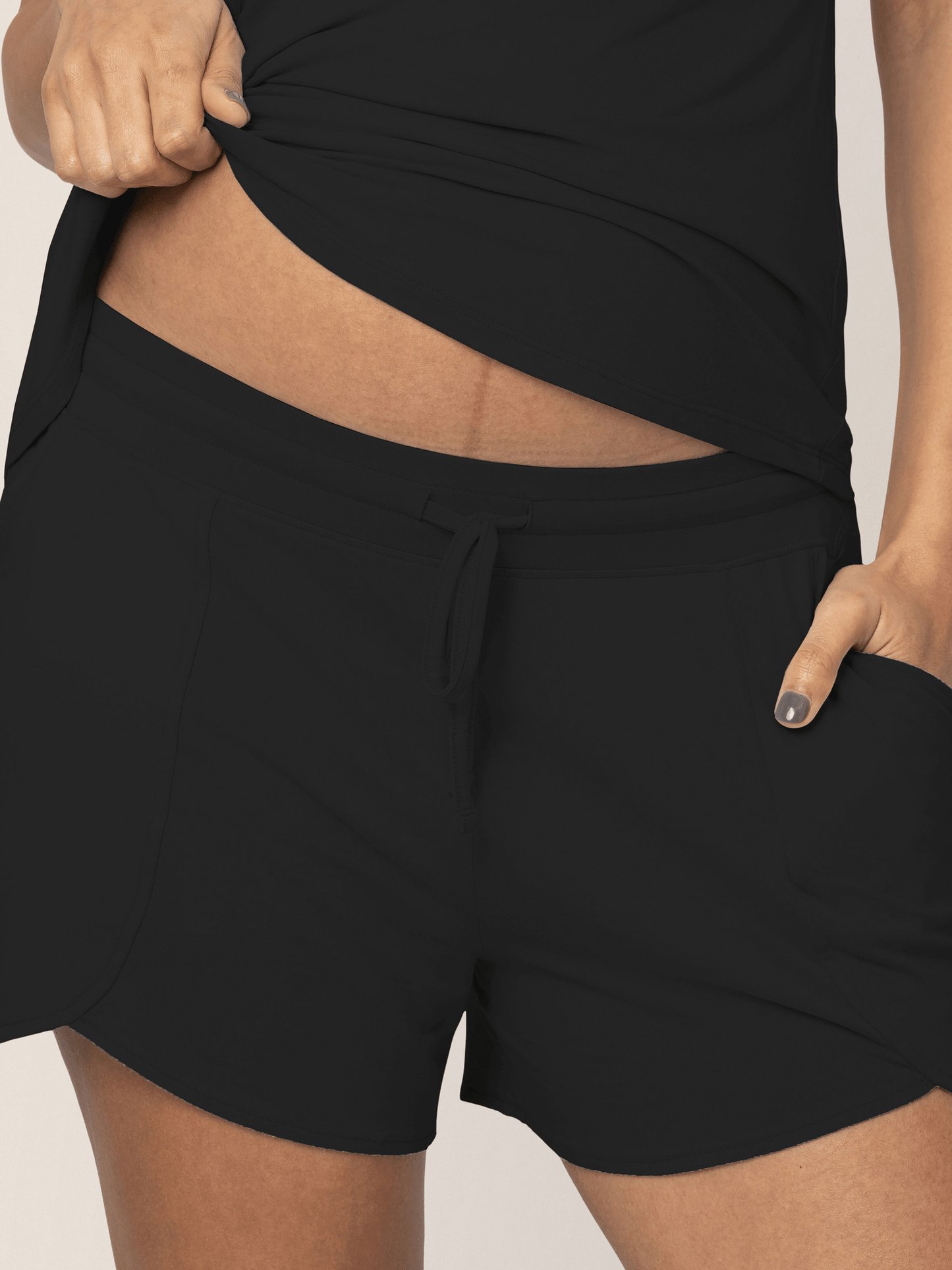 Black bamboo maternity and postpartum lounge shorts by Kindred Bravely, soft and comfortable for relaxed wear.