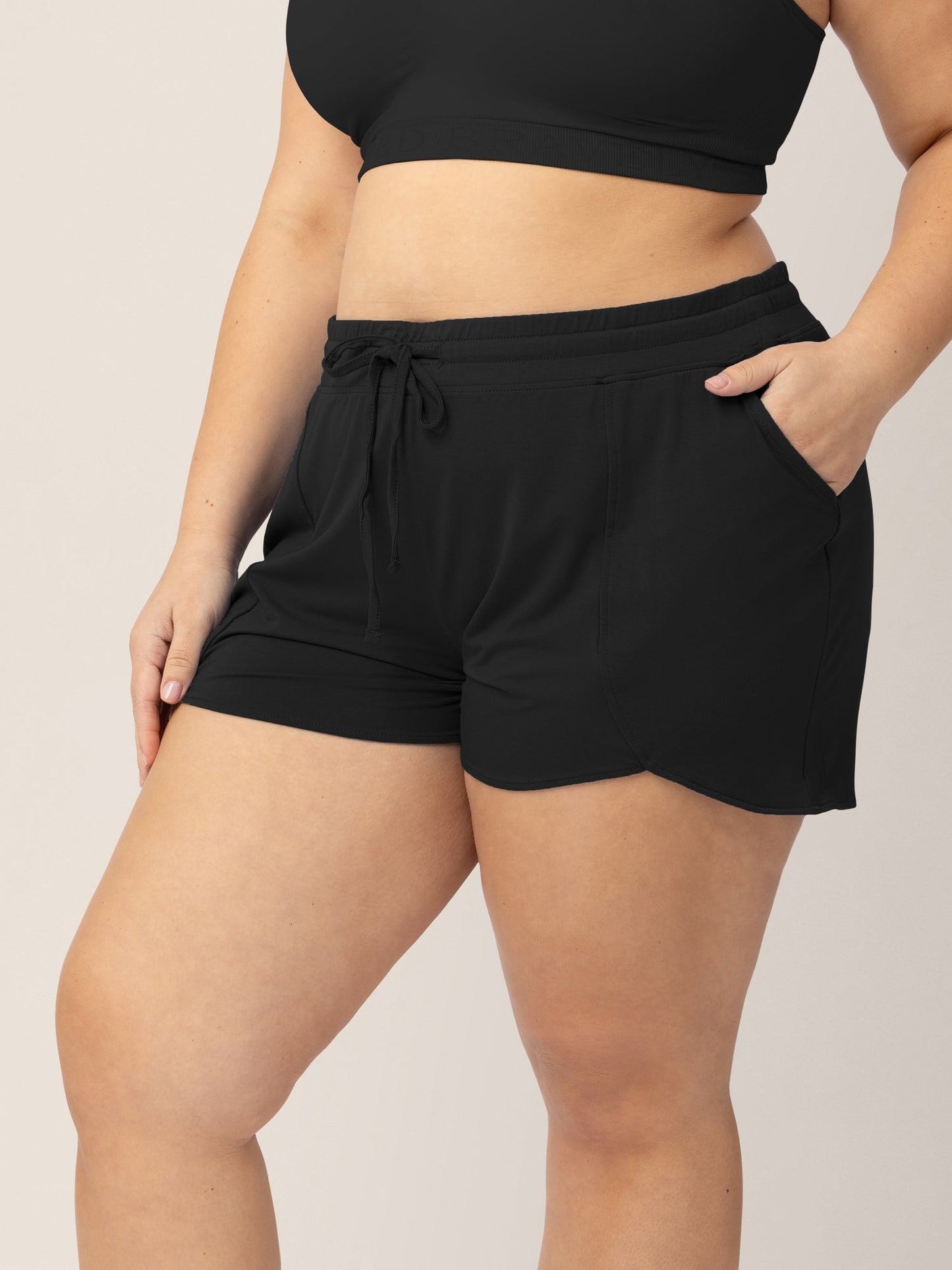 Black bamboo maternity and postpartum lounge shorts by Kindred Bravely, soft and comfortable for relaxed wear.