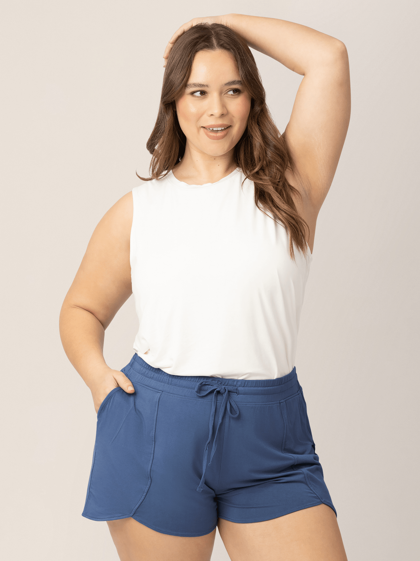 Slate blue bamboo maternity and postpartum lounge shorts by Kindred Bravely, featuring a comfortable, relaxed fit and soft fabric.