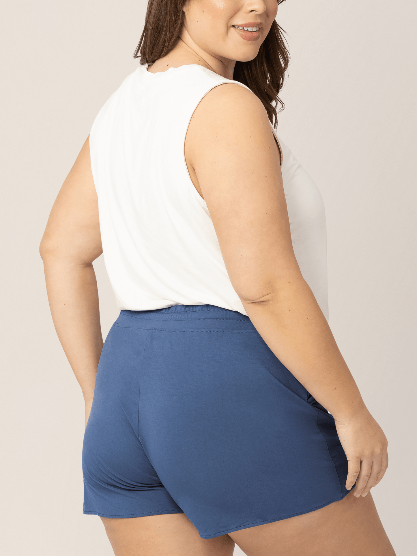 Slate blue bamboo maternity and postpartum lounge shorts by Kindred Bravely, soft and comfortable for relaxed wear.