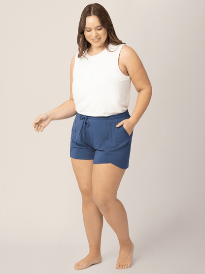 Slate blue bamboo maternity and postpartum lounge shorts by Kindred Bravely, soft and comfortable for lounging and recovery.