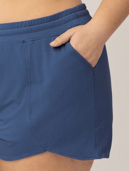 Slate blue bamboo maternity and postpartum lounge shorts by Kindred Bravely, soft and comfortable for lounging or postpartum wear.
