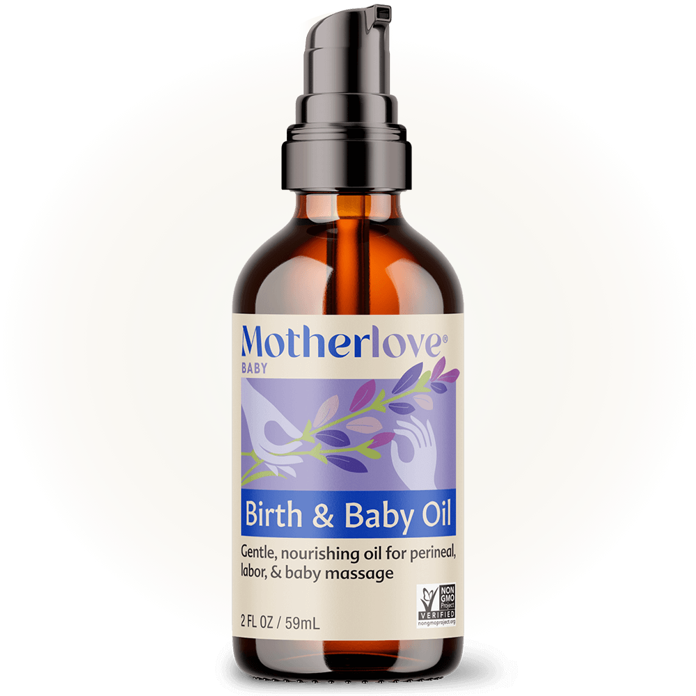 Baby birth and baby oil by Motherlove Herbal Company, featuring gentle, nourishing oil for newborn skin care.