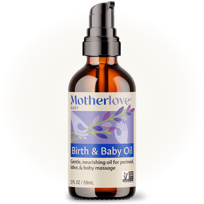 Baby birth and baby oil by Motherlove Herbal Company, featuring gentle, nourishing oil for newborn skin care.