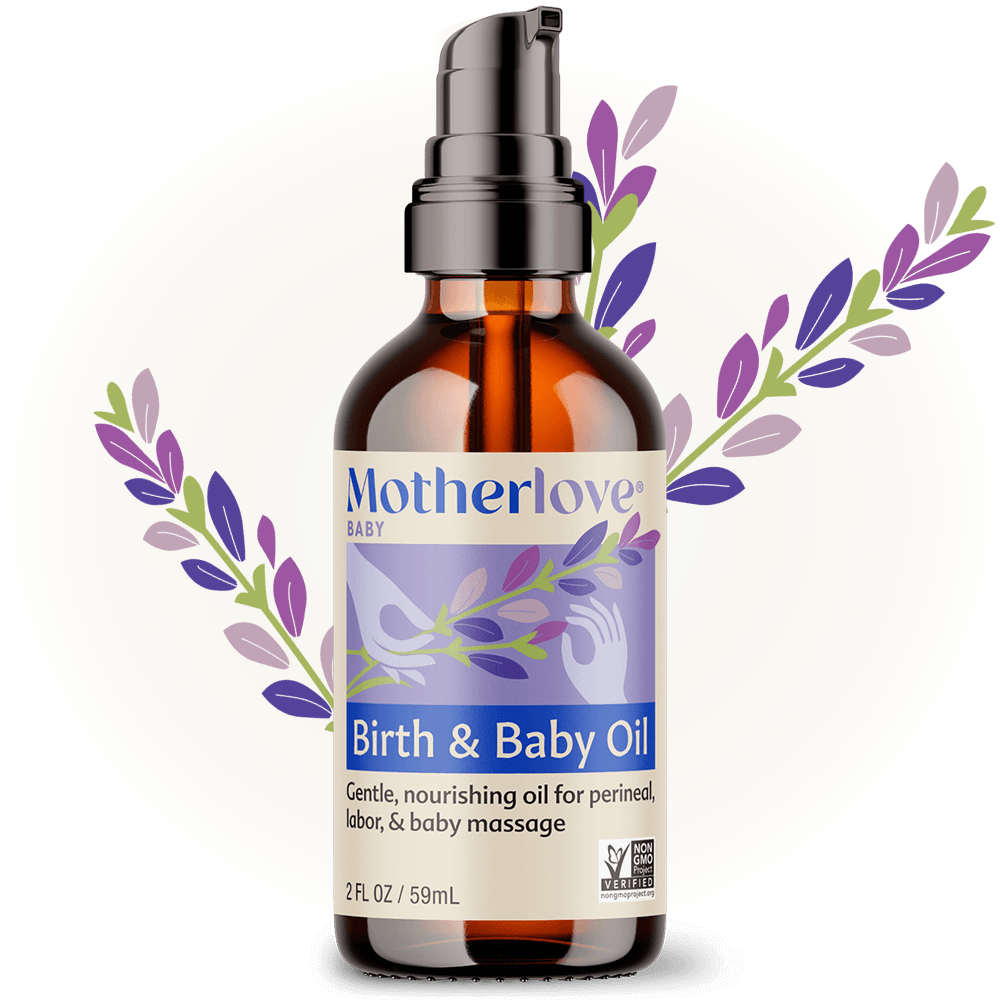 Baby Birth & Baby Oil by Motherlove Herbal Company, natural baby oil with soothing ingredients in a clear bottle.