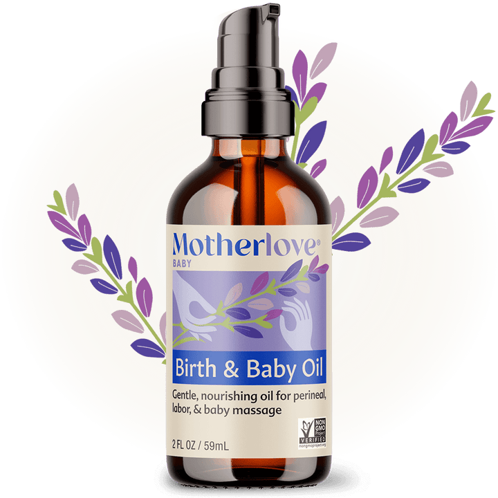 Baby Birth & Baby Oil by Motherlove Herbal Company, natural baby oil with soothing ingredients in a clear bottle.