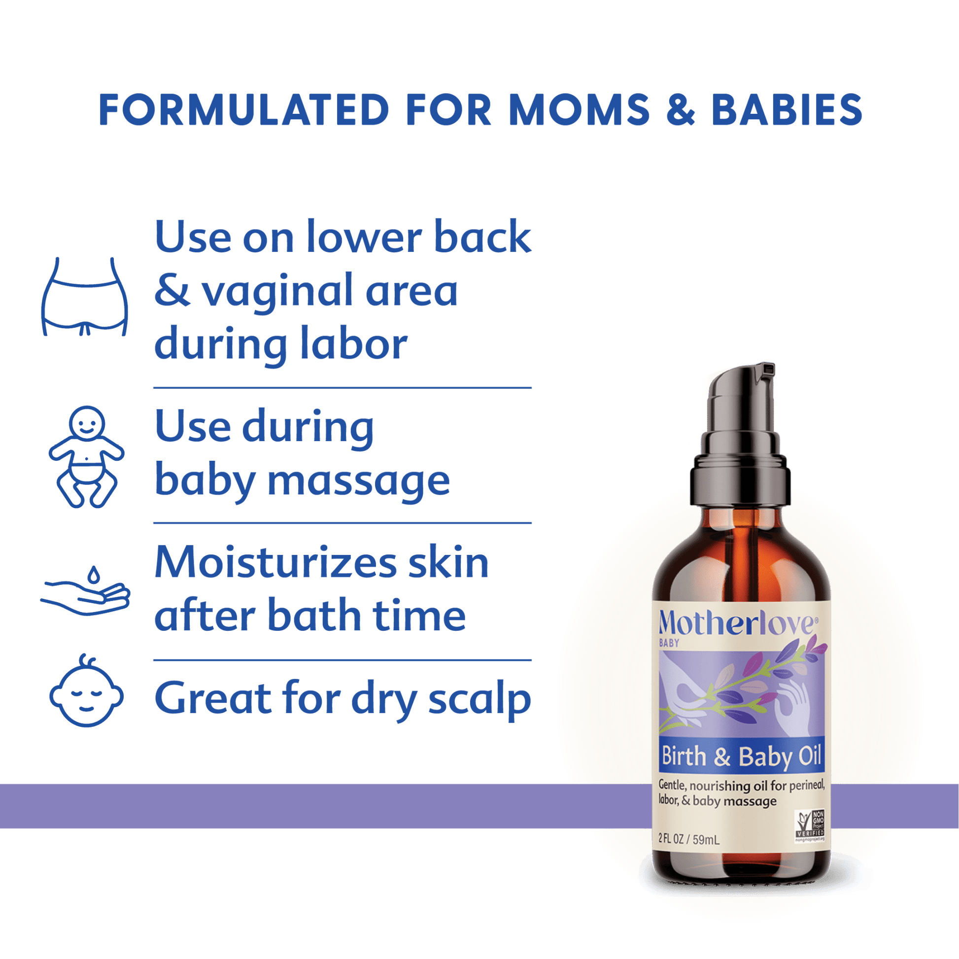 Baby birth and massage oil by Motherlove Herbal Company, featuring a clear bottle with a dropper and gentle, natural ingredients.