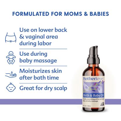 Baby birth and massage oil by Motherlove Herbal Company, featuring a clear bottle with a dropper and gentle, natural ingredients.