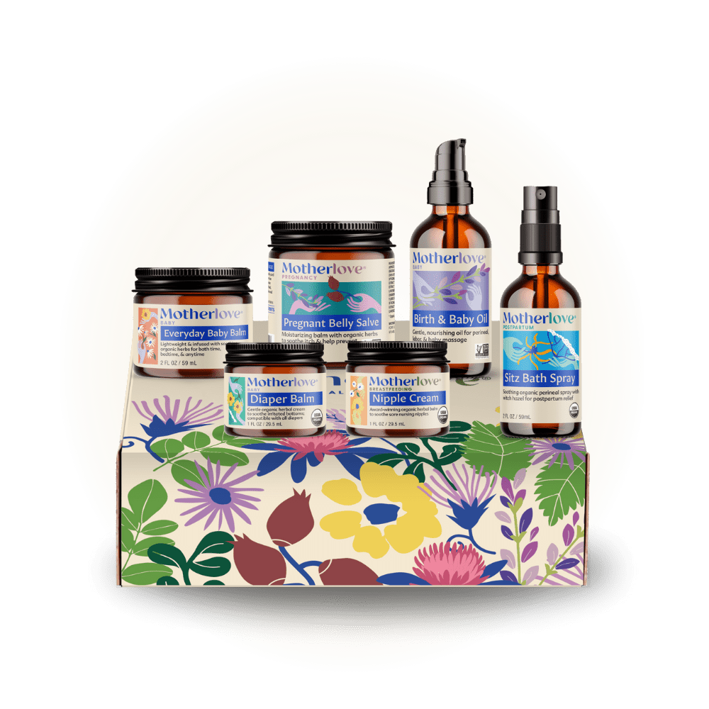 Motherlove Herbal Company Bump to Baby Gift Box with baby care products and herbal remedies in a decorative box.