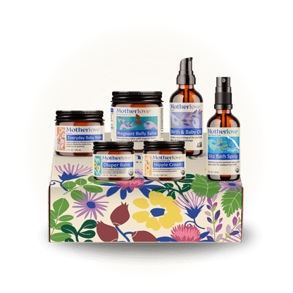 Motherlove Herbal Company Bump to Baby Gift Box with baby care products and herbal remedies in a decorative box.