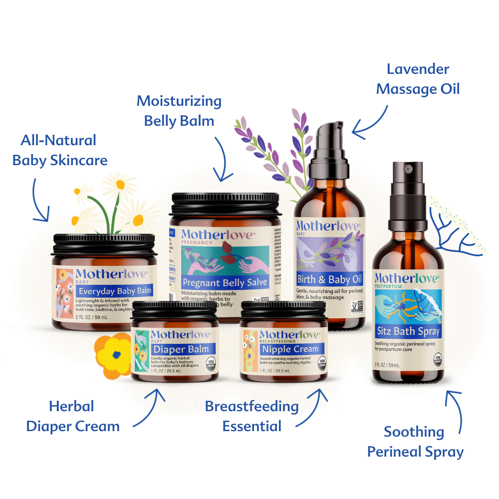 Motherlove Herbal Company Bump to Baby Gift Box with baby care products and herbal remedies in a gift box.