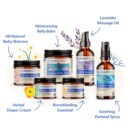 Motherlove Herbal Company Bump to Baby Gift Box with baby care products and herbal remedies in a gift box.