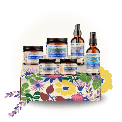 Motherlove Herbal Company Bump to Baby gift box with baby care products and herbal remedies in a decorative box.