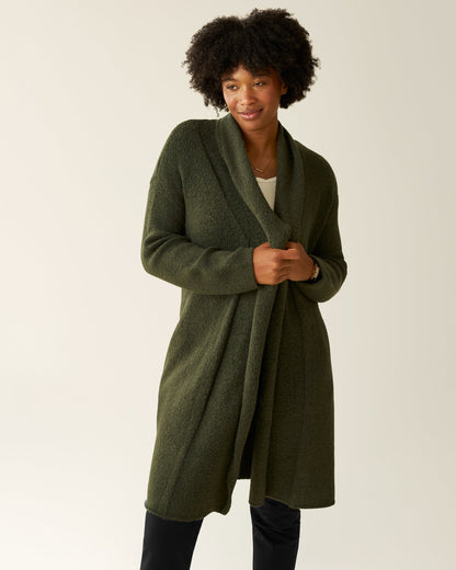 Kindred Bravely Chloe Cardigan Sweater in thyme, a cozy knit top with a relaxed fit, shown in a front view.