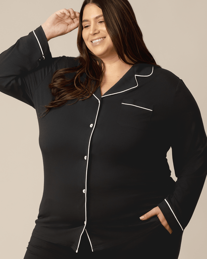 Black Clea Bamboo Long Sleeve Pajama Set by Kindred Bravely, featuring comfortable, soft bamboo fabric and relaxed fit.