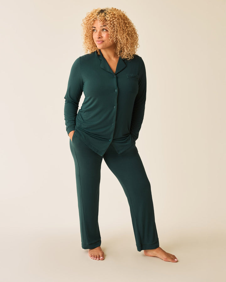 Kindred Bravely Clea Bamboo long sleeve pajama set in evergreen, featuring soft fabric and comfortable fit for lounging and sleep.