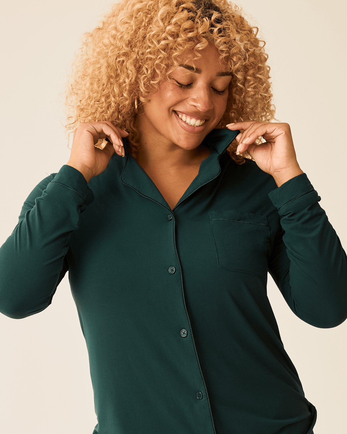 Kindred Bravely Clea Bamboo long sleeve pajama set in evergreen, featuring soft, comfortable fabric and a relaxed fit.
