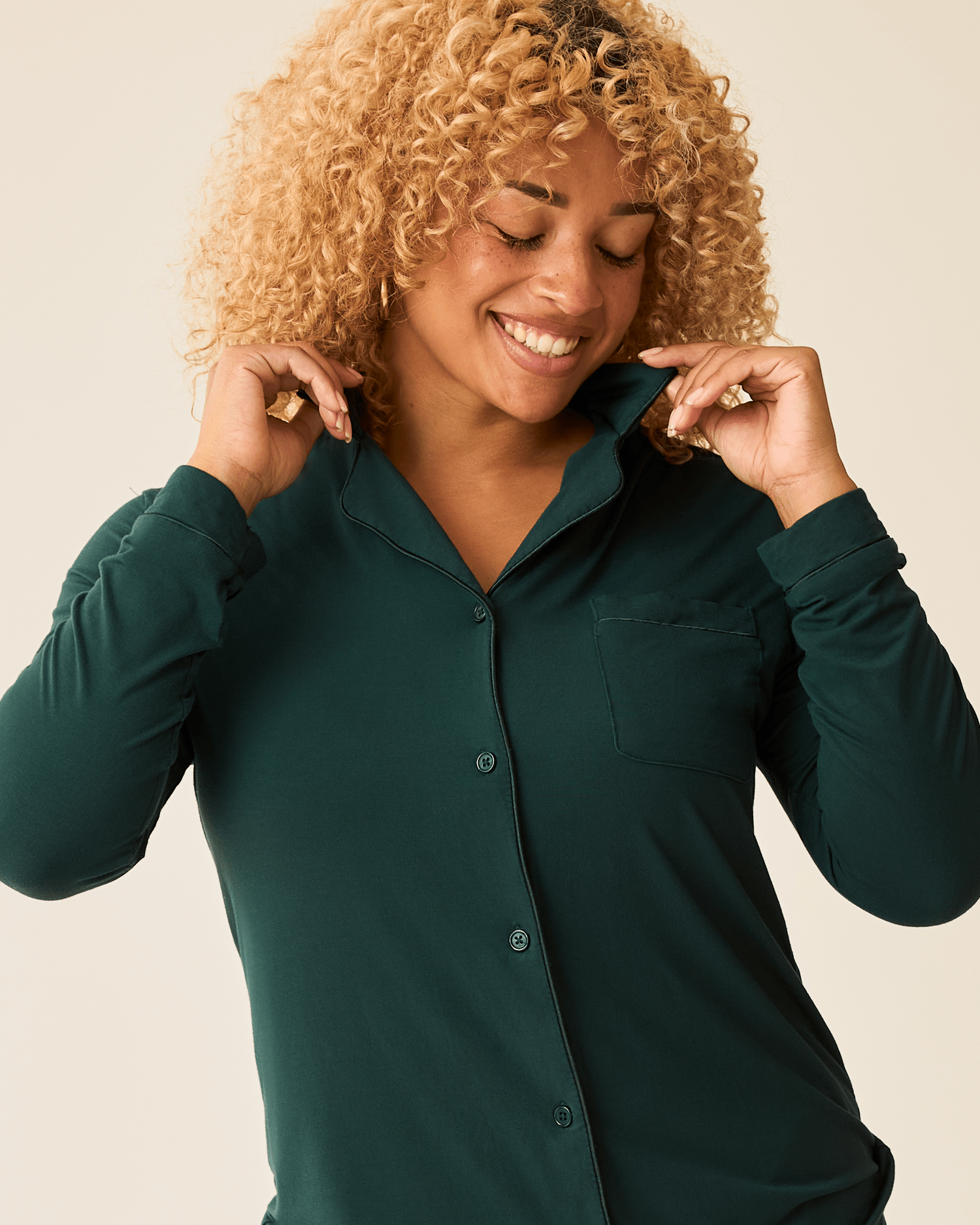 Kindred Bravely Clea Bamboo long sleeve pajama set in evergreen, featuring soft, comfortable fabric and a relaxed fit.