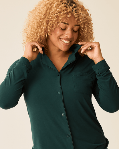 Kindred Bravely Clea Bamboo long sleeve pajama set in evergreen, featuring soft, comfortable fabric and a relaxed fit.