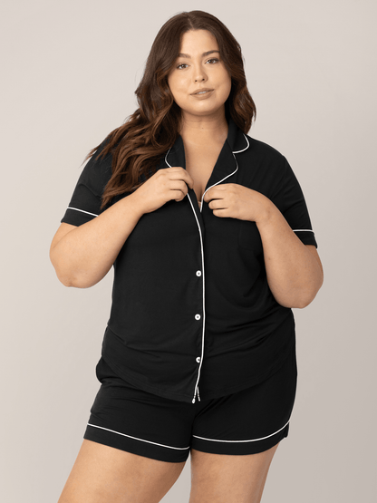 Black Clea Bamboo short sleeve pajama set by Kindred Bravely, featuring a comfortable, soft fabric and relaxed fit.