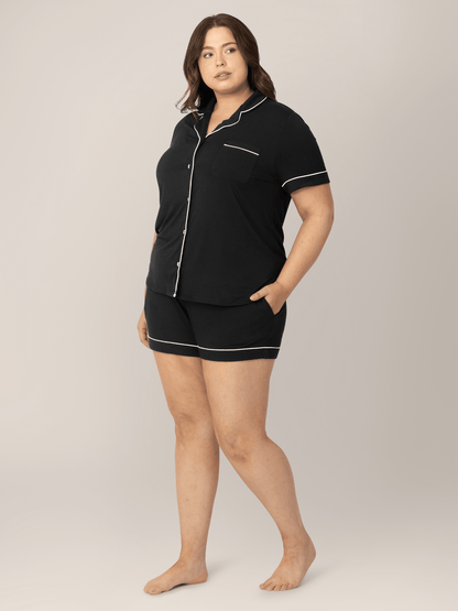 Black Clea Bamboo short sleeve pajama set by Kindred Bravely, featuring comfortable, lightweight fabric and relaxed fit.