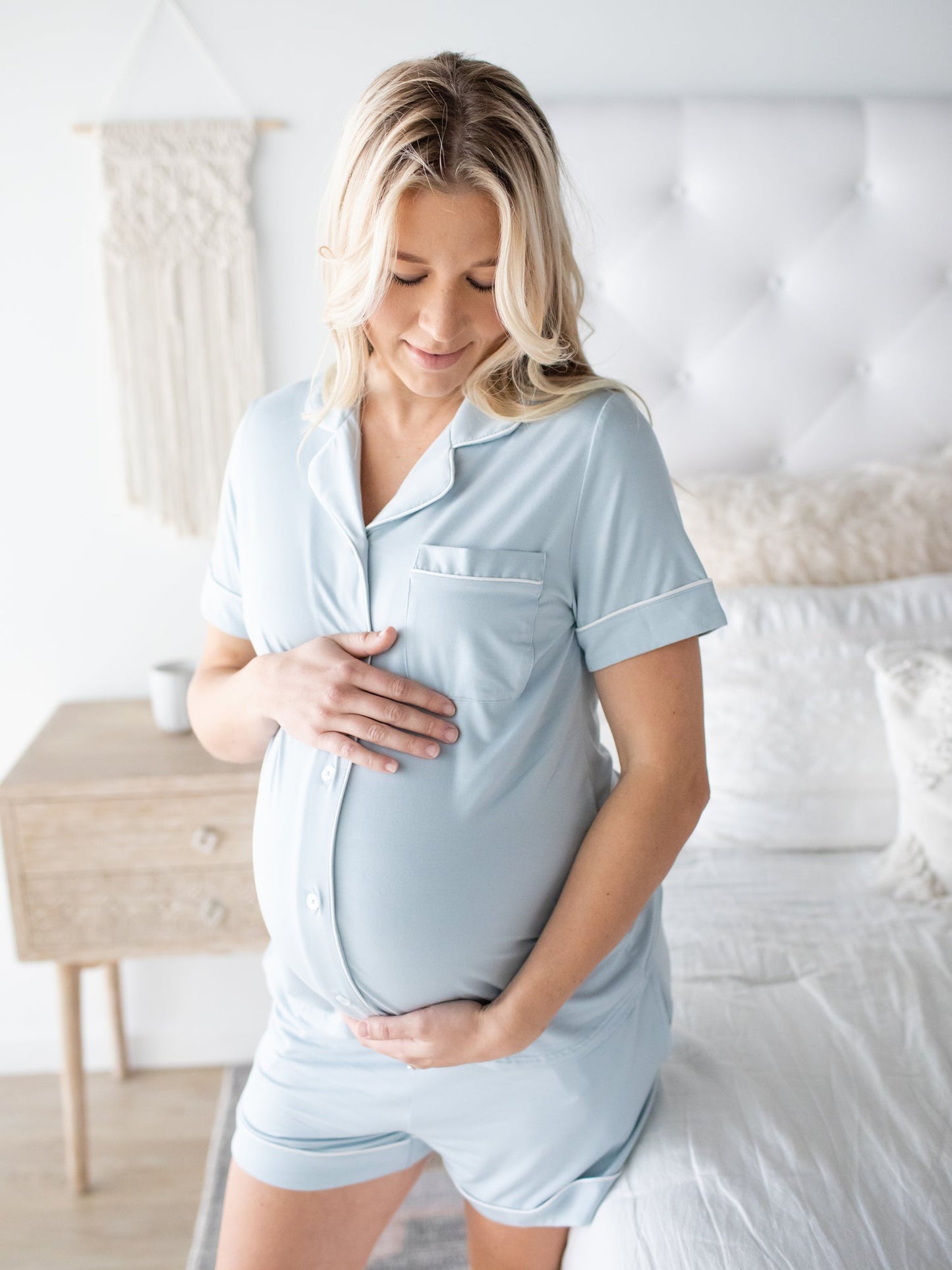 Clea Bamboo Short Sleeve Pajama Set by Kindred Bravely in mist color, featuring soft, comfortable short sleeve top and matching shorts.