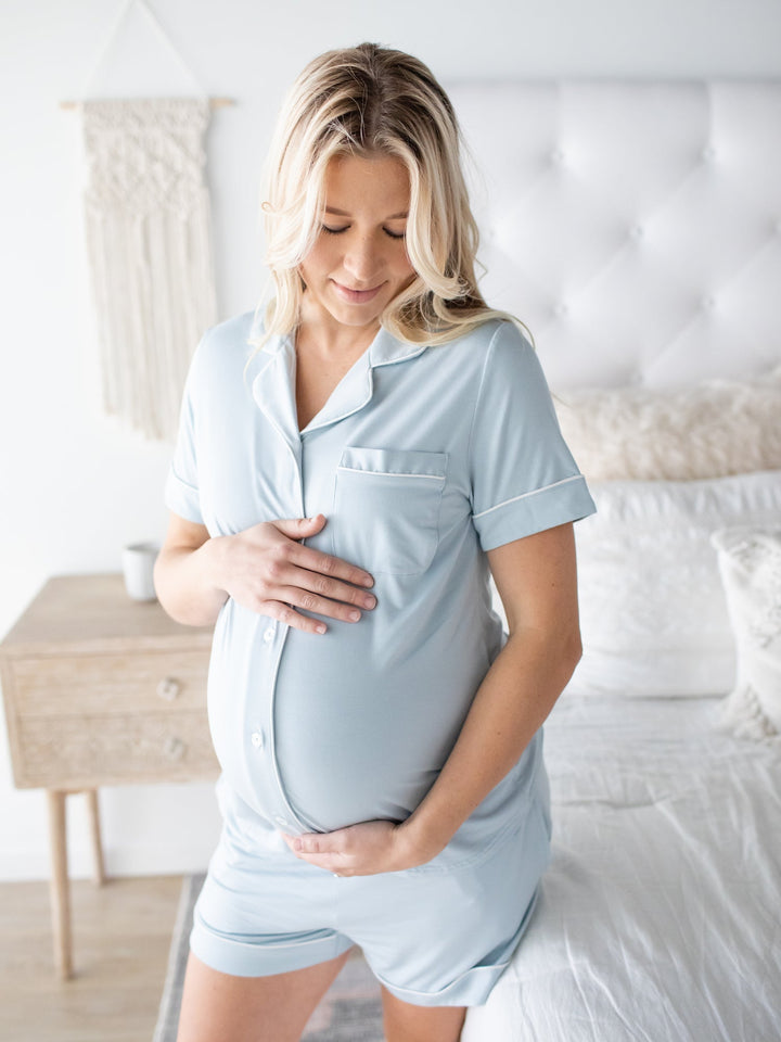 Clea Bamboo Short Sleeve Pajama Set by Kindred Bravely in mist color, featuring soft, comfortable short sleeve top and matching shorts.