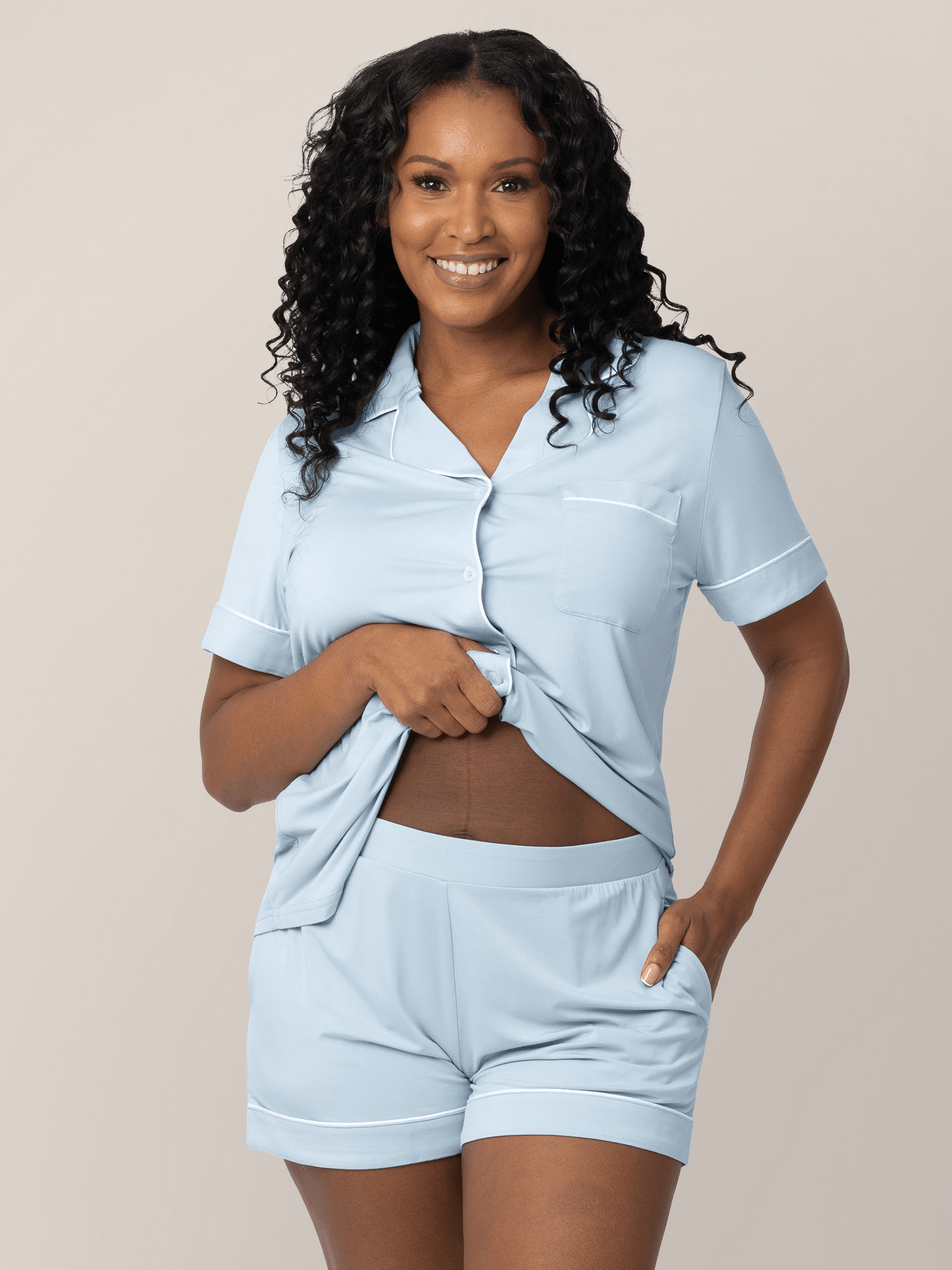 Kindred Bravely Clea Bamboo short sleeve pajama set in mist color, soft and comfortable sleepwear for women.
