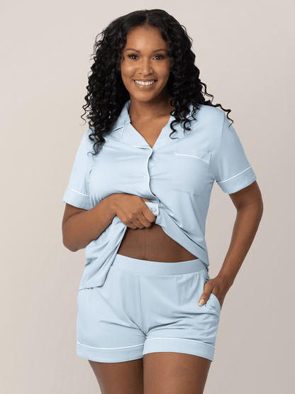 Kindred Bravely Clea Bamboo short sleeve pajama set in mist color, soft and comfortable sleepwear for women.