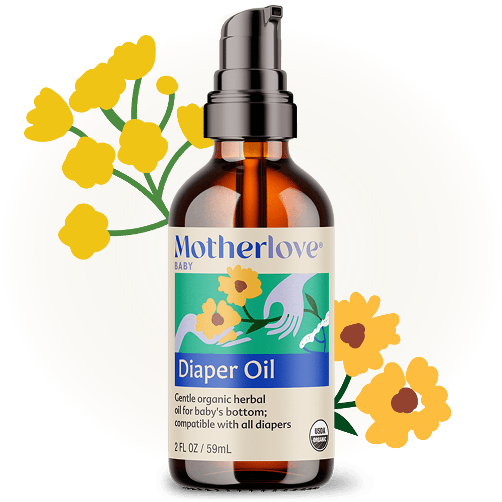 Baby diaper oil from Motherlove Herbal Company, with natural ingredients in a bottle, suitable for soothing and protecting baby's skin.