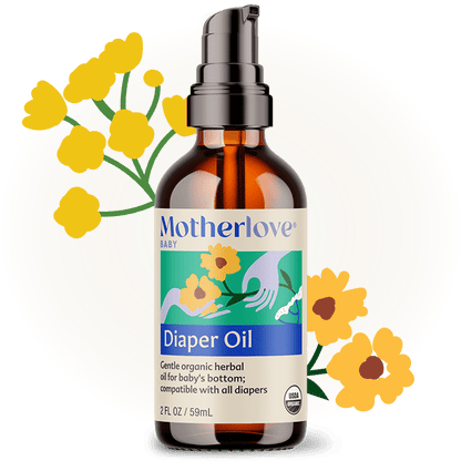 Baby diaper oil from Motherlove Herbal Company, with natural ingredients in a bottle, suitable for soothing and protecting baby's skin.