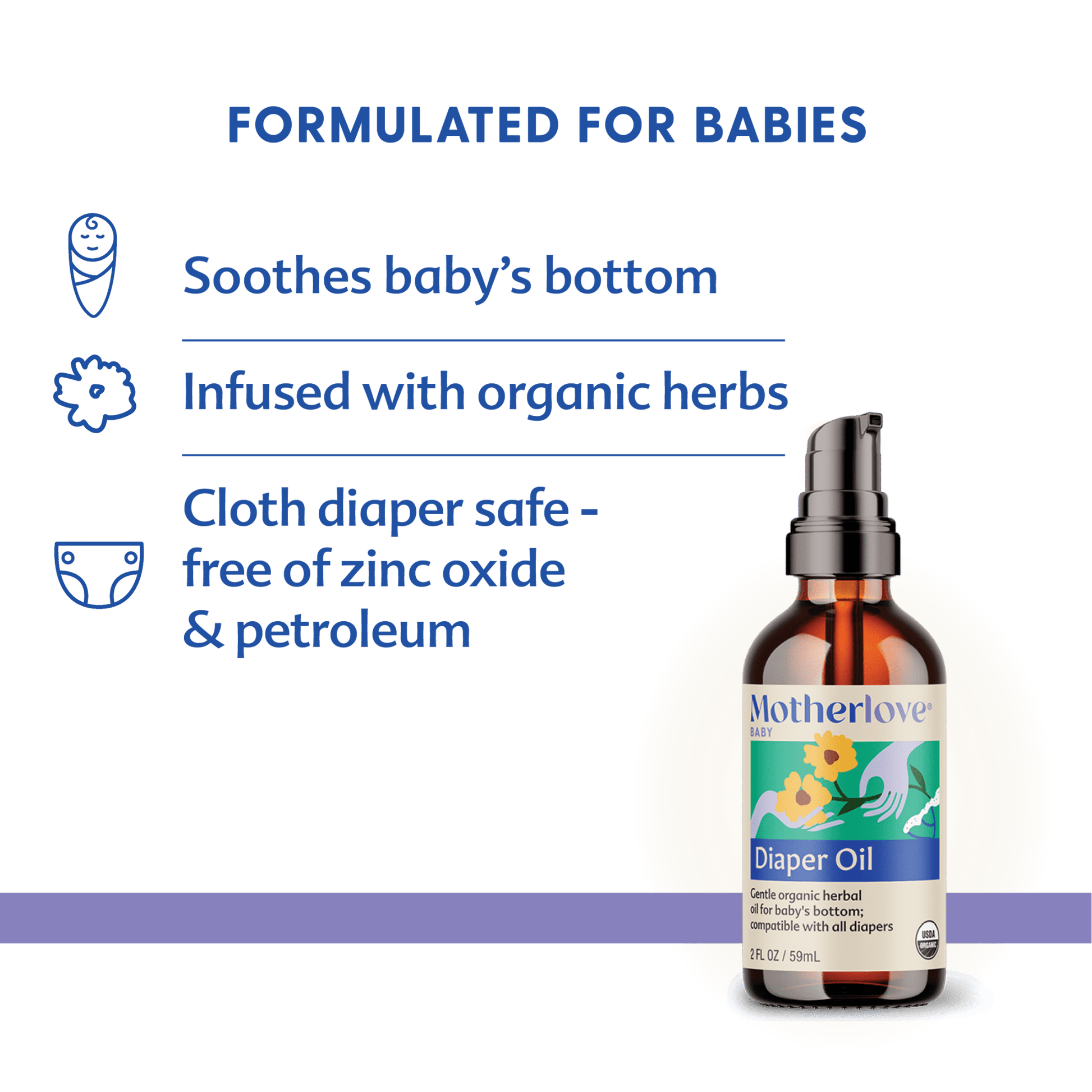 Baby diaper oil by Motherlove Herbal Company, natural baby skincare oil in a clear bottle with a white pump dispenser.