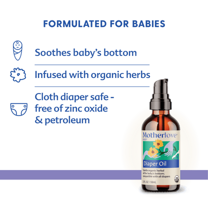 Baby diaper oil by Motherlove Herbal Company, natural baby skincare oil in a clear bottle with a white pump dispenser.