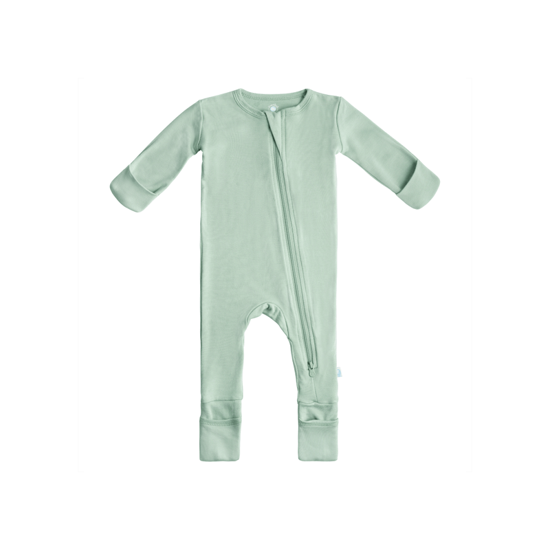 Sage green baby bamboo pajamas with DreamCuffs® from Dreamland Baby, designed for 0-3 months old infants.