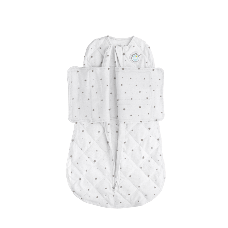 Gray Dreamland Baby weighted sleep swaddle for 0-6 months, featuring star design and snug, secure fit for newborns.