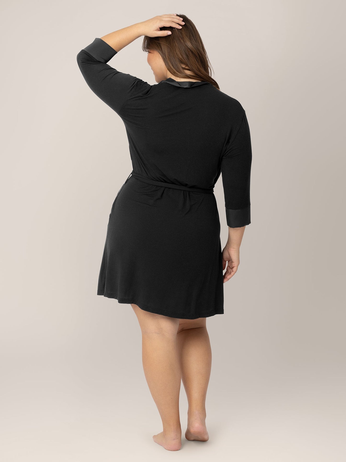 Black Emmaline Robe by Kindred Bravely, soft fabric, knee-length with long sleeves, tied waist, perfect for lounging or sleep.